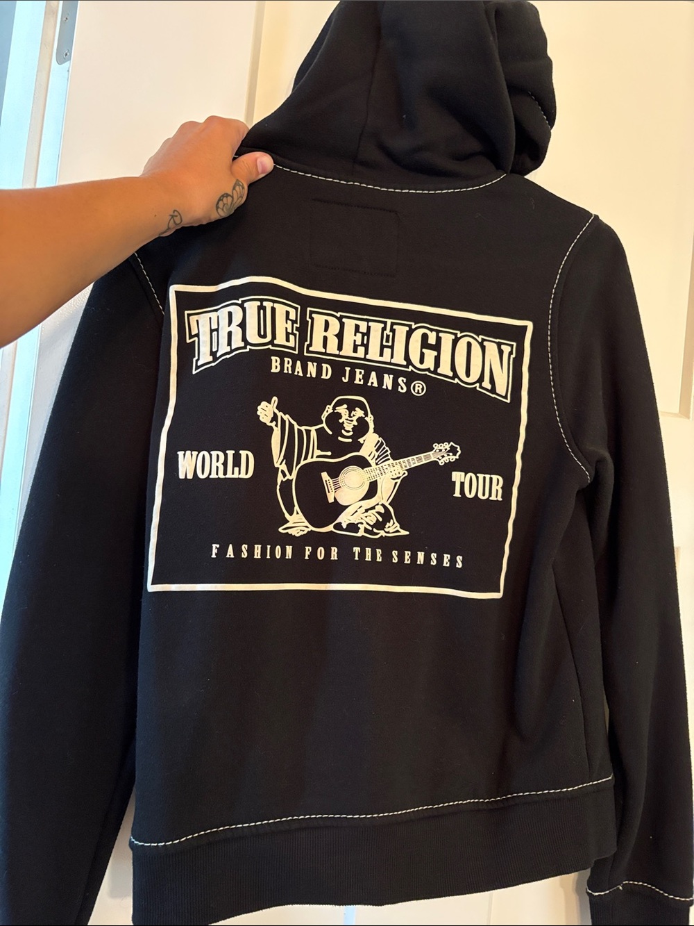 True Religion Black Hoodie with Cream Graphic Back Logo women’s medium